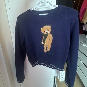Japanese Lily Brown Navy Sweater with Teddy Bear Design
